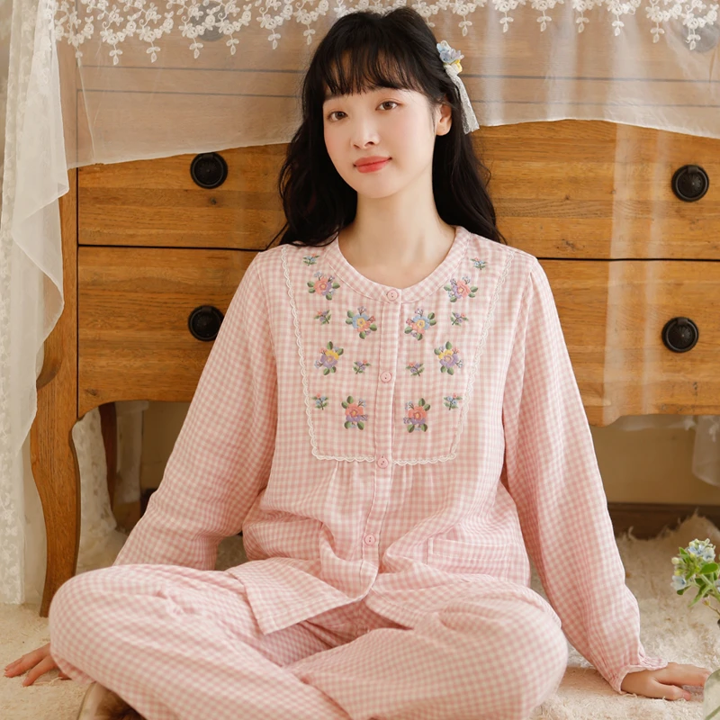 【粉黛】春秋纯棉女士睡衣四季色纺精美刺绣长袖长裤家居服套装