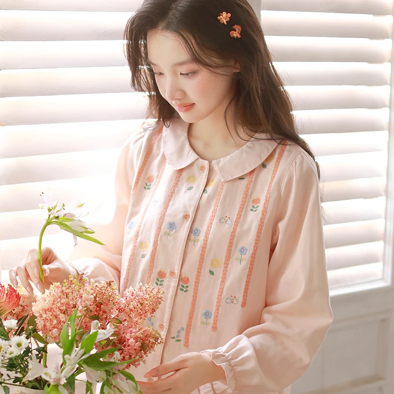 春秋季纯棉女士简约睡衣宽松翻领双层棉纱长袖长裤家居服套装