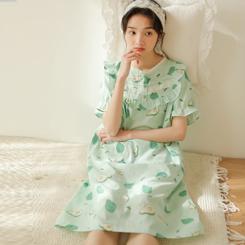 【牛油果】春夏纯棉女士圆领睡裙薄款宽松减龄可外穿睡裙
