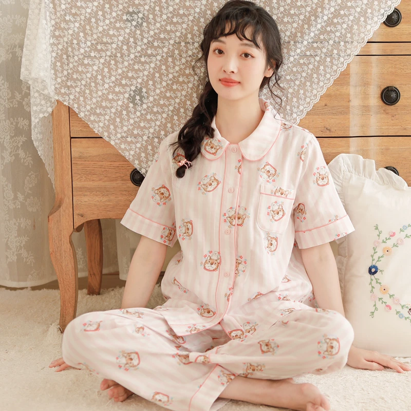 夏季纯棉女士睡衣简约宽松舒适短袖长裤家居服套装