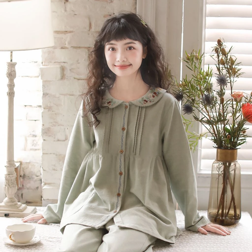 【桑葚】秋冬女士纯棉磨毛睡衣小翻领精致刺绣长袖长裤家居服套装