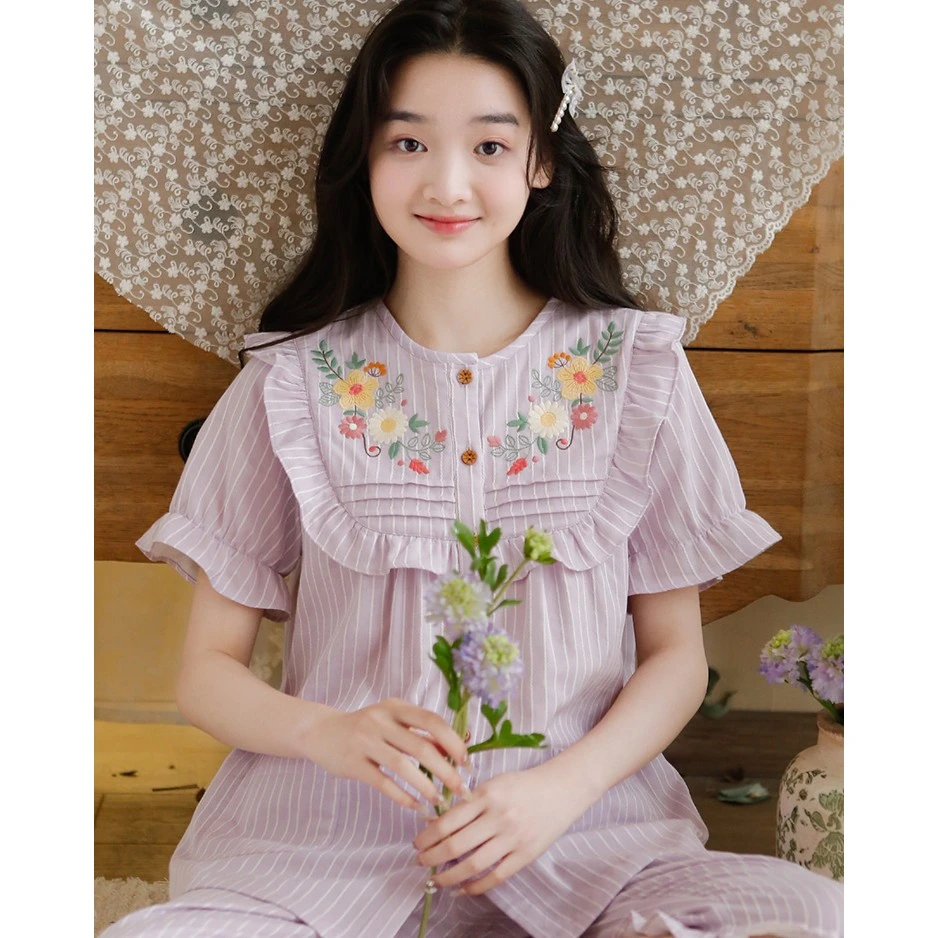 【夏卿】春夏纯棉女士睡衣精美刺绣甜美宽松短袖中裤家居服套装