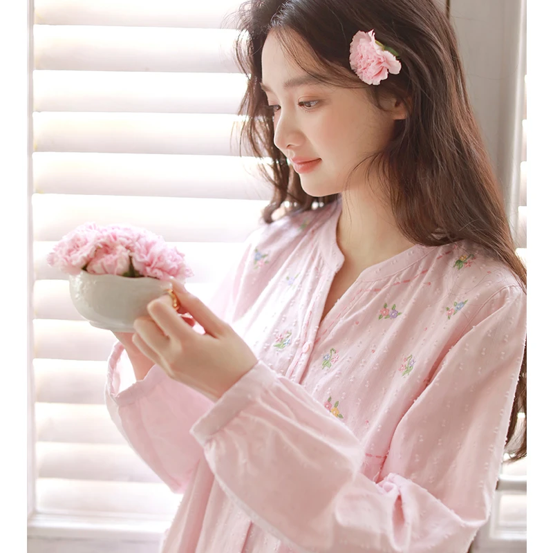 【彩韵】春夏纯棉女士睡衣精致甜美薄款双层棉纱宽松长袖长裤时尚