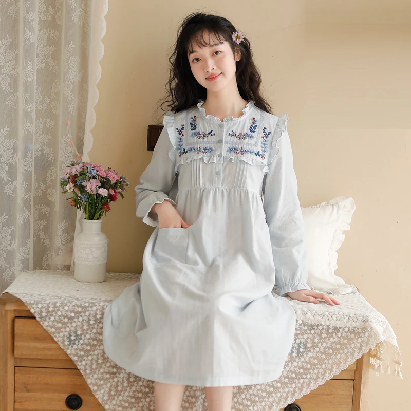 【晴韵】春夏女士纯棉睡裙宽松日系甜美精美刺绣长袖长裙可外穿