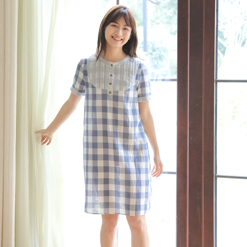 【苍术】春夏纯棉女士简约格子薄款中长款睡裙可外穿