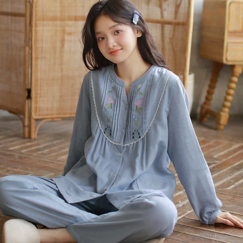 【寻月】春秋纯棉女睡衣精美刺绣双层棉纱套装宽松长袖长裤两件套