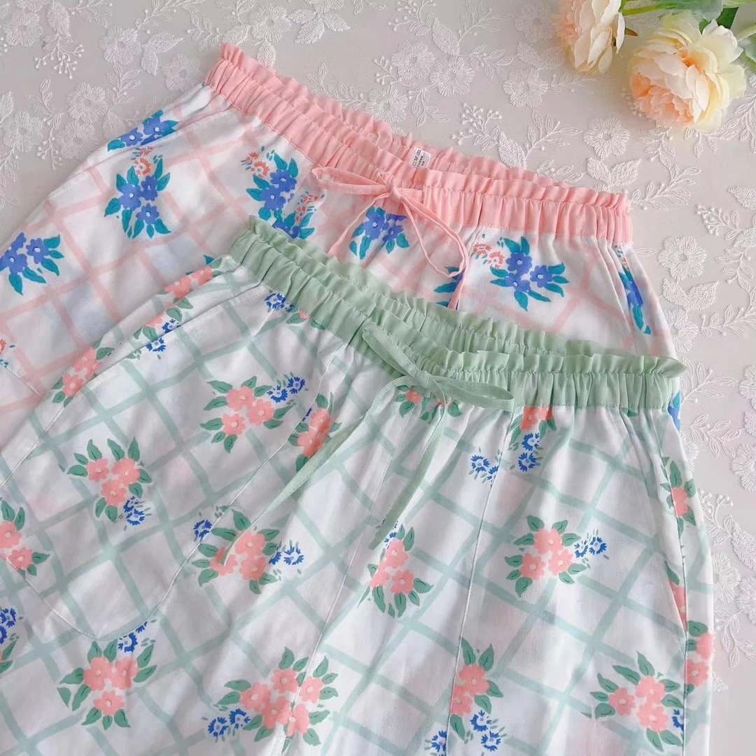 【点点花纱】春夏纯棉女士睡裤简约中腰印染碎花薄款宽松七分裤