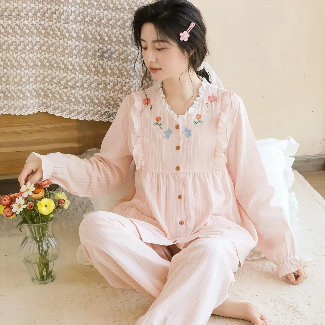 【花晓】春夏女士纯棉睡衣甜美V领精致刺绣长袖长裤家居服套装