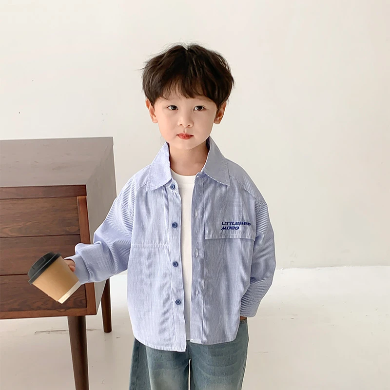 男童衬衫春秋款儿童蓝色薄衬衣长袖宝宝秋装洋气男孩条纹小童秋季
