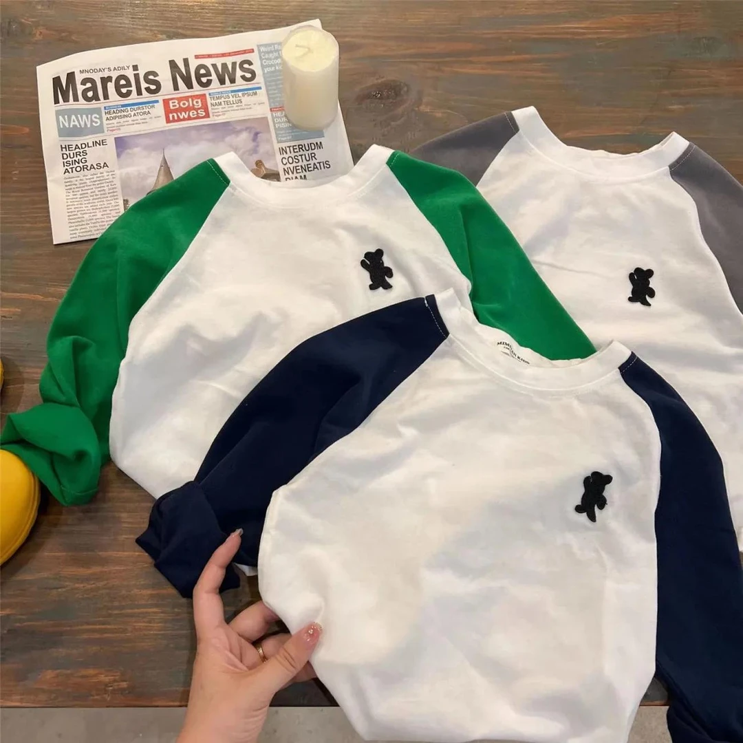 【童梦缘】儿童T恤长袖男女童春秋新款宝宝小熊印花打底衫撞色中小