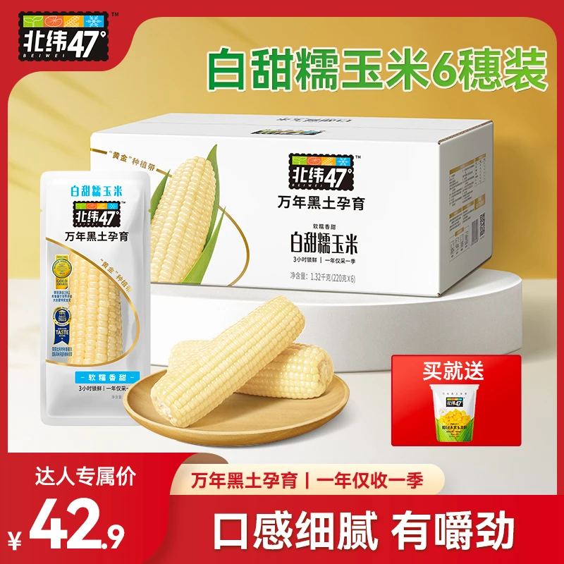 北纬47°东北黑土地 软糯香甜低脂真空包装 白甜糯玉米 220g*6穗装