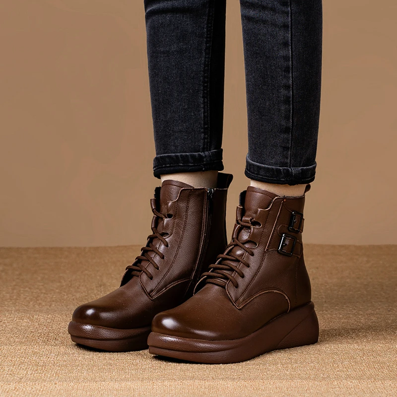 黛7236纯牛皮秋冬新款百搭加绒保暖显瘦厚底系带软底休闲时尚短靴