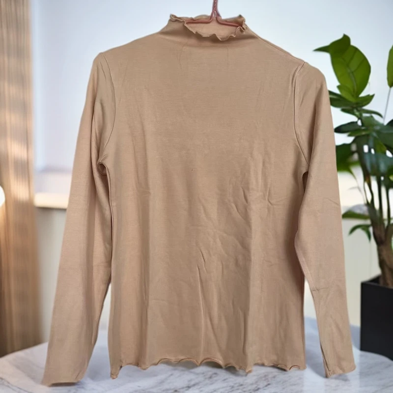 9174黑色高领加磨毛绒打底衫女春秋季内搭螺纹棉长袖木耳边领上衣