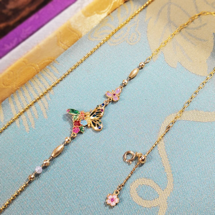 18K金*烧蓝蝶恋花蝴蝶樱花项链 国风精美 G7539