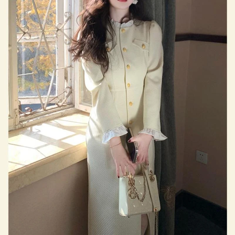 法式小香风高级感连衣裙女早春新款设计感气质名媛立领格纹长裙子