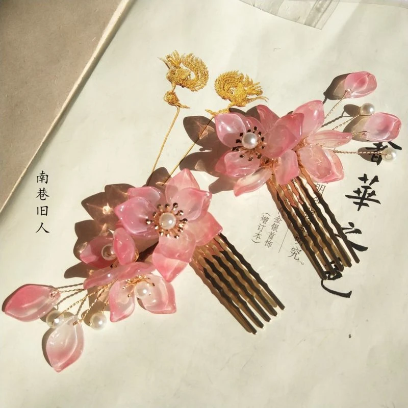 手工古风淡粉色琉璃发梳眀制汉服古装唐风旗袍配饰古典中国风头饰