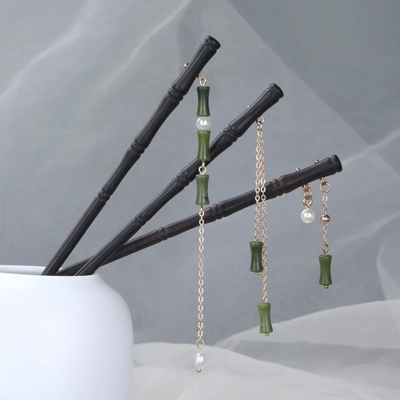 黑色竹节橄榄竹流苏发簪古风木质木簪子盘发木簪汉服发饰旗袍配饰