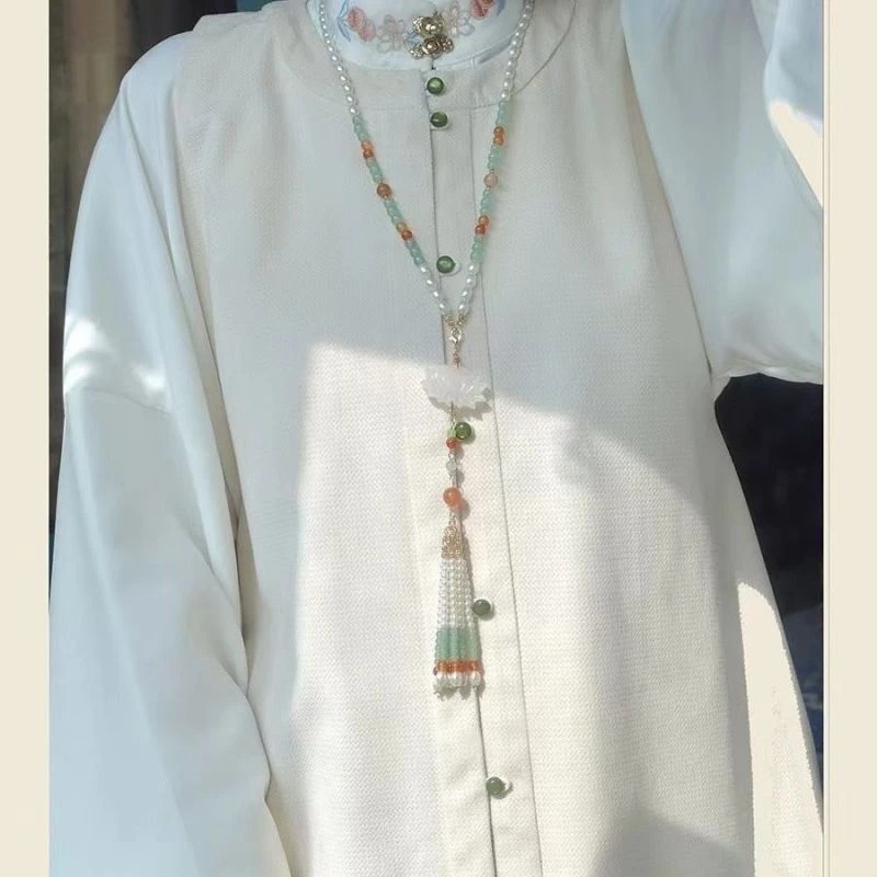 汉服古风宫廷配饰常复古百搭白莲花软璎珞长款背云颈饰