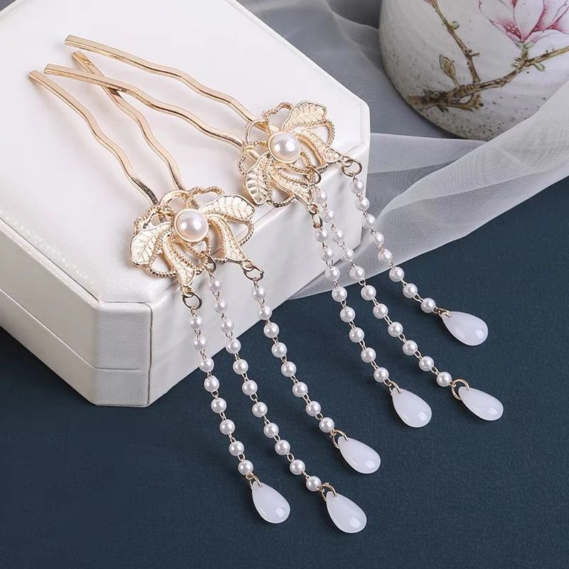 汉服发饰珍珠流苏发钗女古风发簪对钗儿童头饰古装配饰宋制饰品