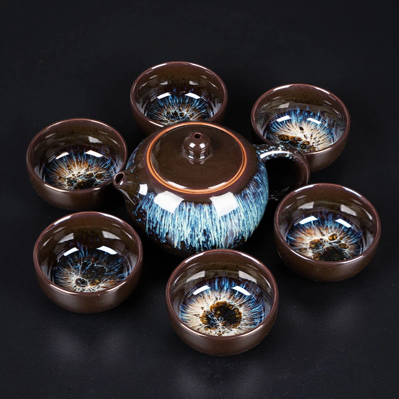西施沙金釉一壶六杯功夫茶具建盏茶杯陶瓷天目釉泡茶壶钧瓷盏茶