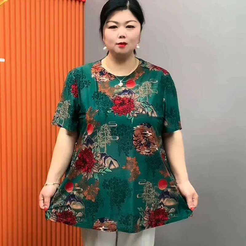 中老年女装圆领新款妈妈装夏装t恤短袖袖上衣女220斤加肥加大码