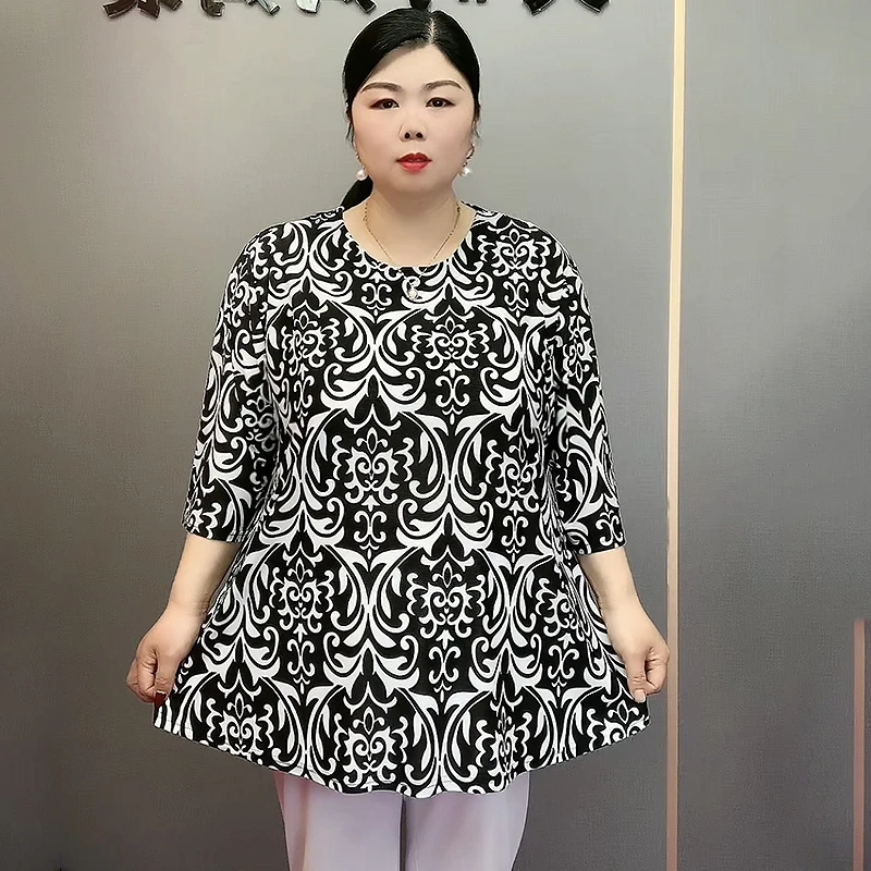 加大码妈妈装女新款中长款中袖夏季时尚宽松冰丝弹力Tt恤中老年