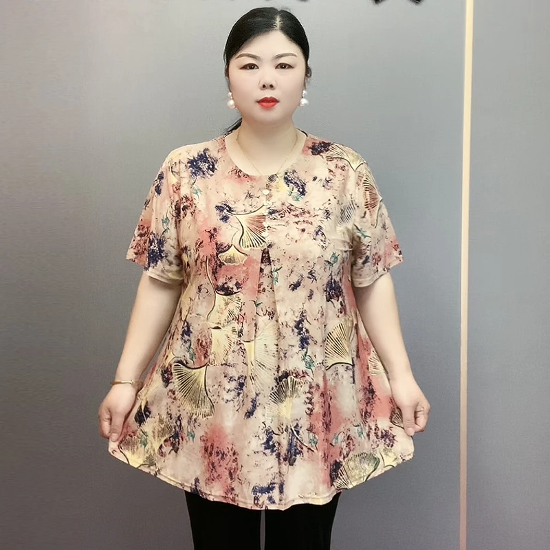 [擎苍鹰]特大码 中老年女新款中长款短袖 夏季时尚遮肚子T恤上衣