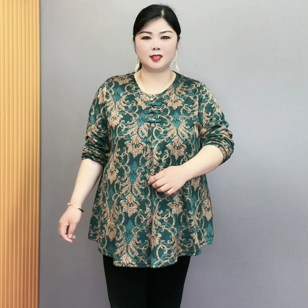 大码女长袖tT恤中老年人妈妈装圆领宽松洋气春夏季打底衫显瘦时尚