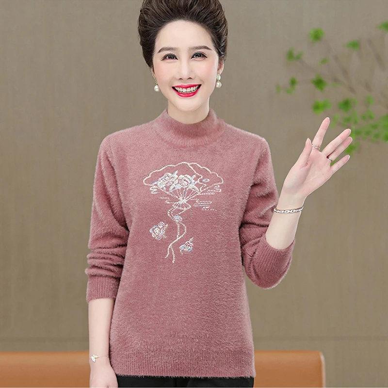 【擎苍鹰】中老年针织衫女仿貂绒打底衫妈妈毛衣秋冬洋气套头线衣