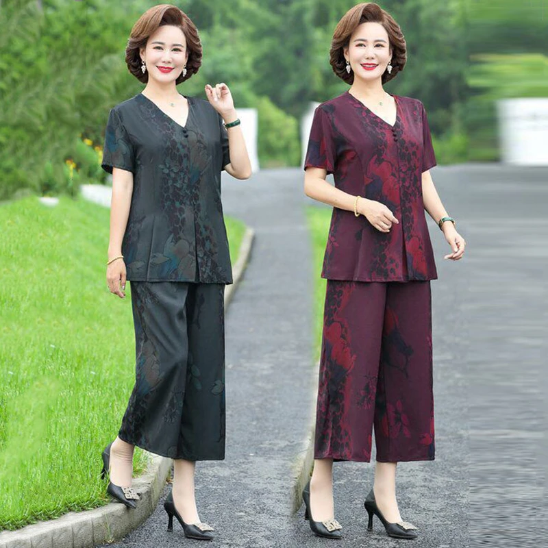 胖妈妈装老太太夏季两件套装加肥加大码中老年奶奶装休闲显瘦洋气