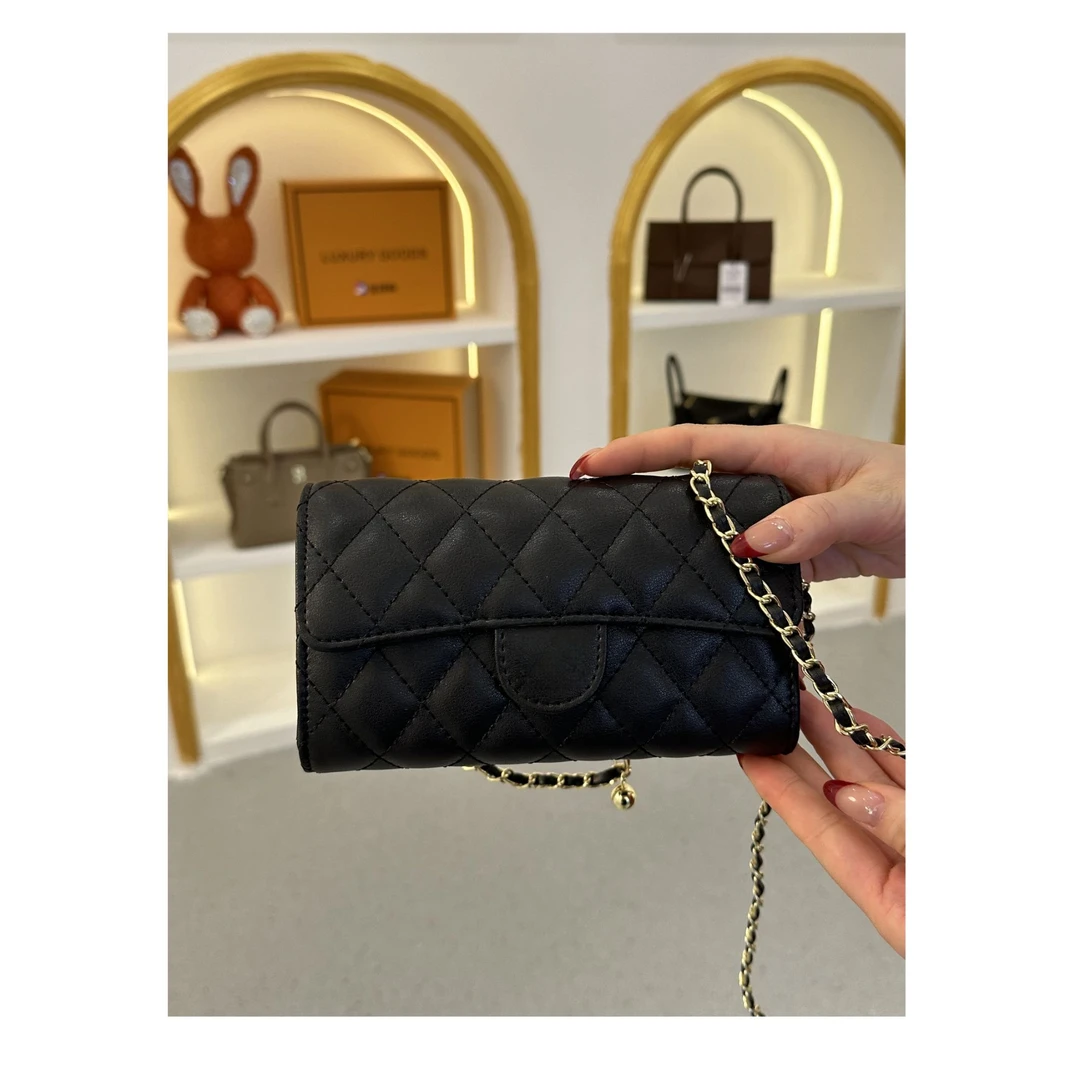 小香风时尚百搭黑色小众经典菱格金球单肩包