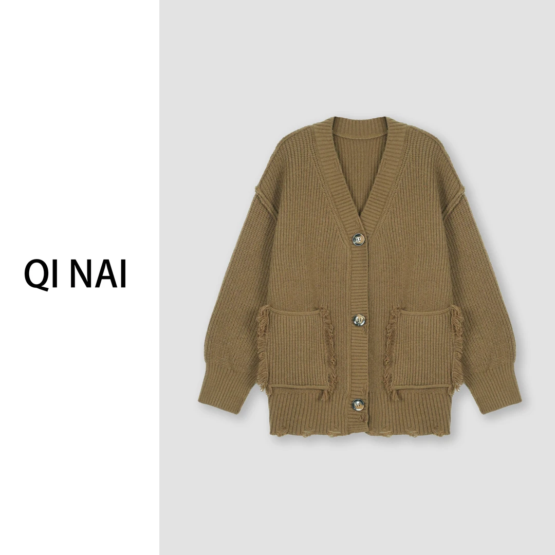 七奈推荐 【海明】时尚休闲复古V领宽松针织开衫外套QN11857