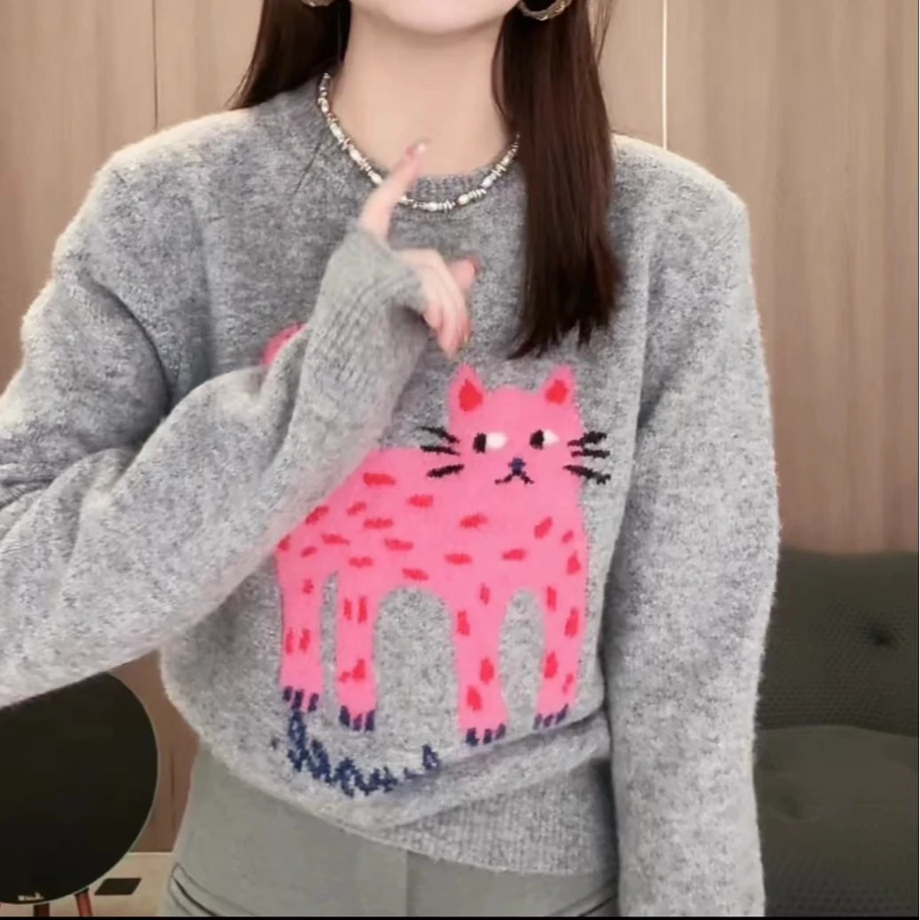 圆领长袖针织衫女秋冬季新款时尚百搭猫咪毛衣女卡通秋季毛衫短款