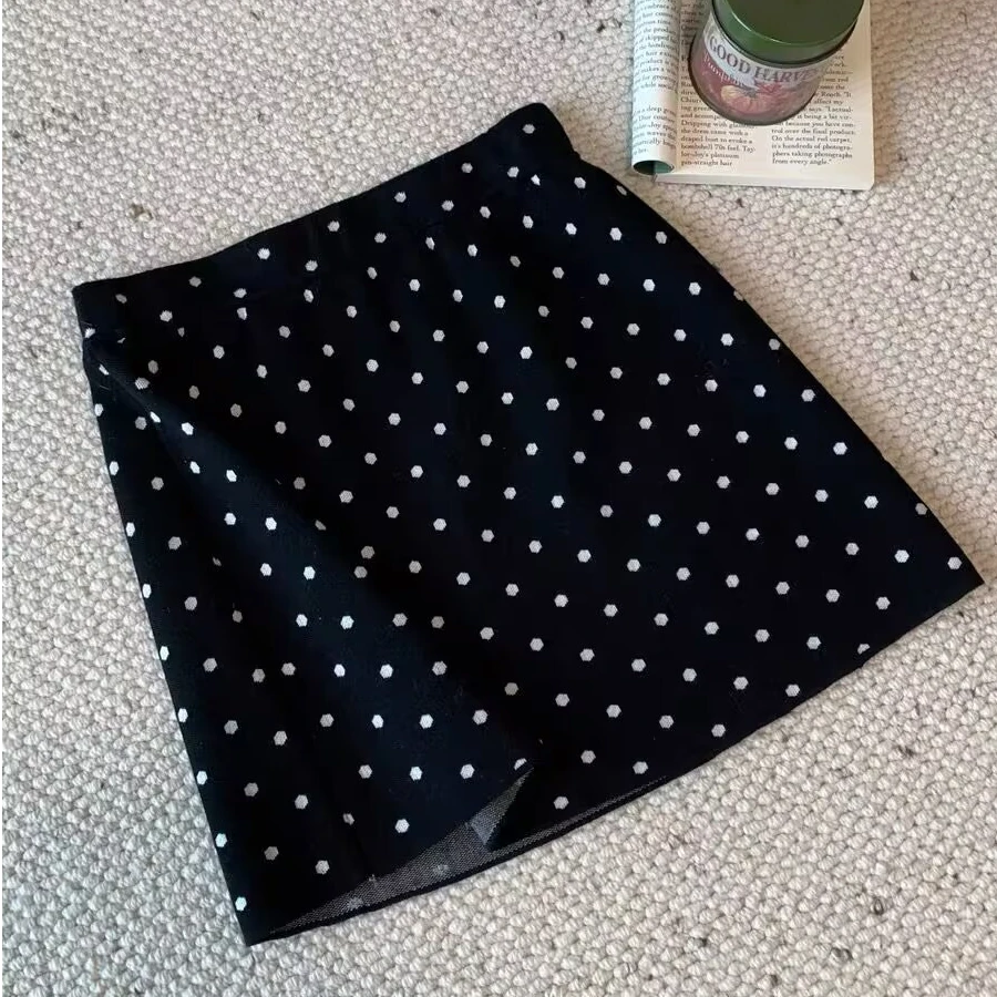 Q003 miu系波点半身裙女复古百搭小个子黑色显瘦包臀a字短裙