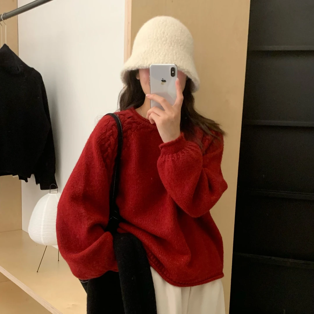 T1994秋冬韩版红色卷边插肩设计感针织内搭女oversize毛衣慵懒风