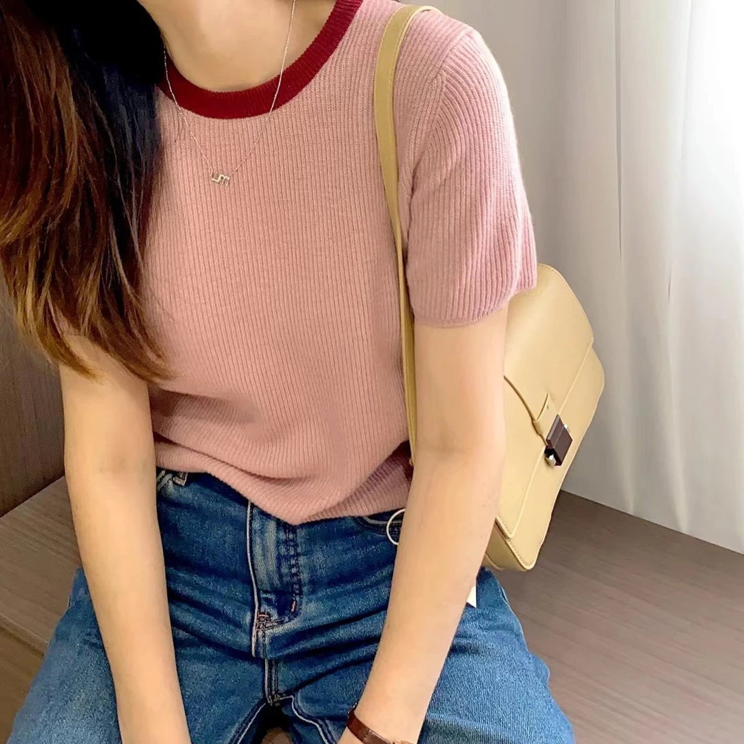 T1549 纯色净版简约百搭通勤撞色领针织套头毛衣