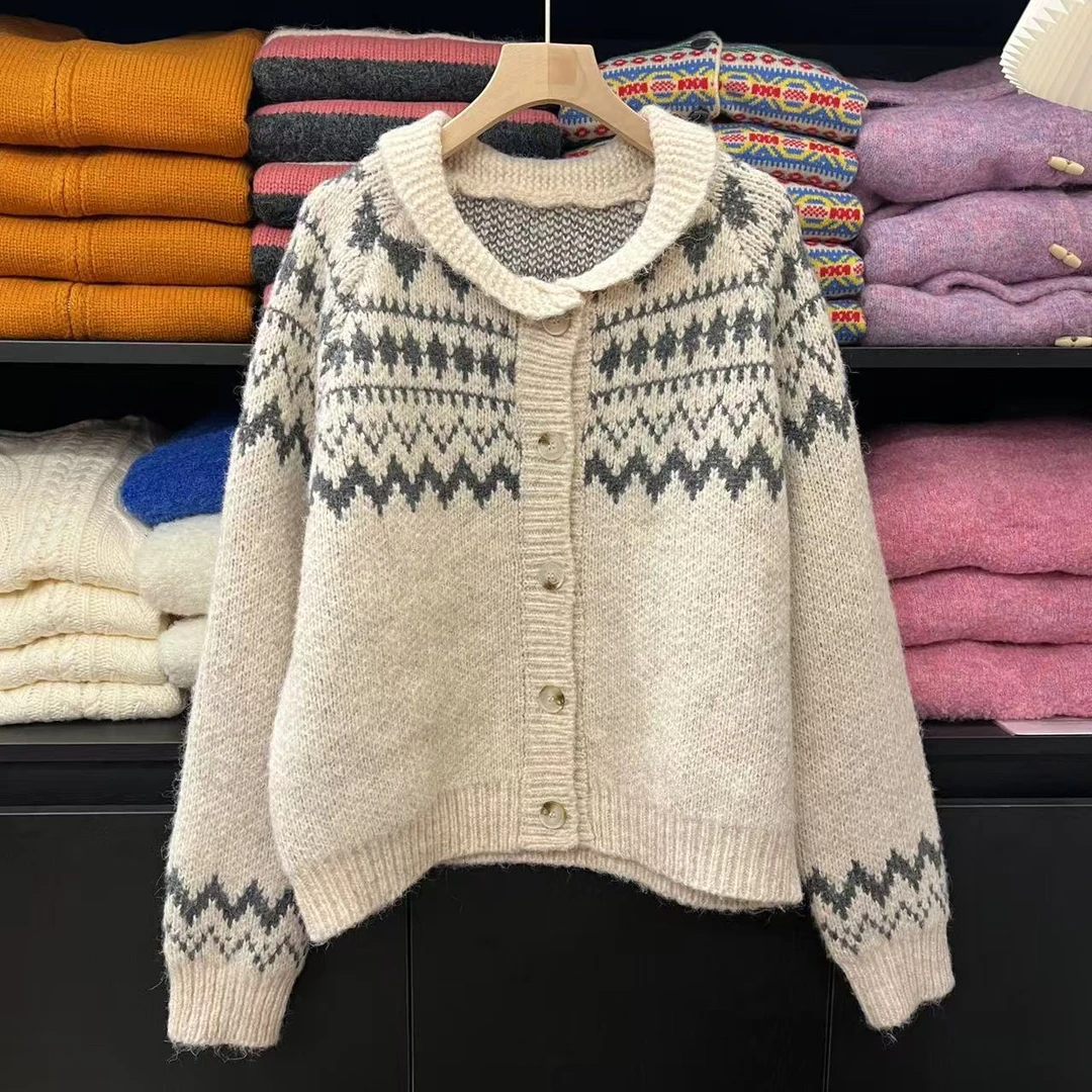 K2001 北欧图腾 秋季新款复古花纹撞色毛衣开衫