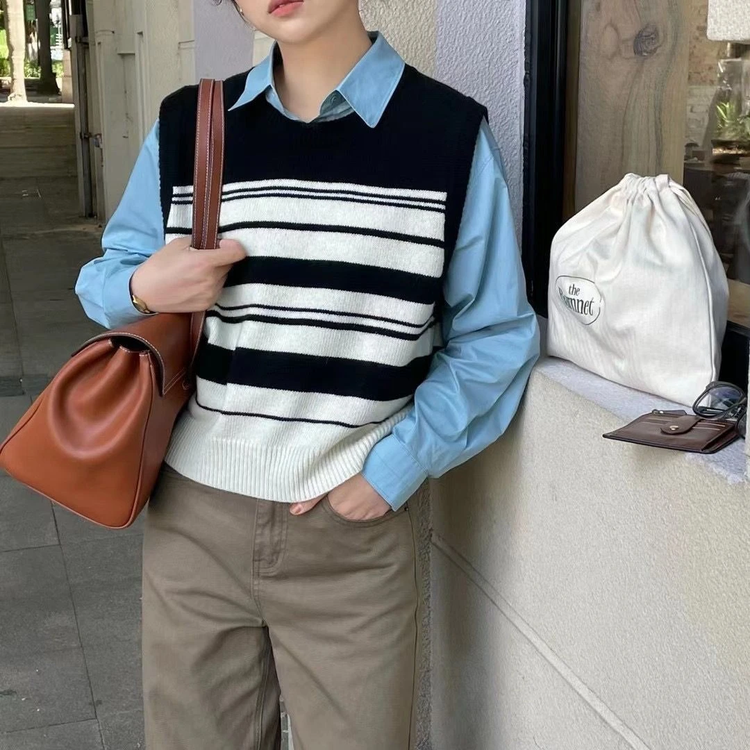 撞色条纹针织马甲女新款坎肩  M3051