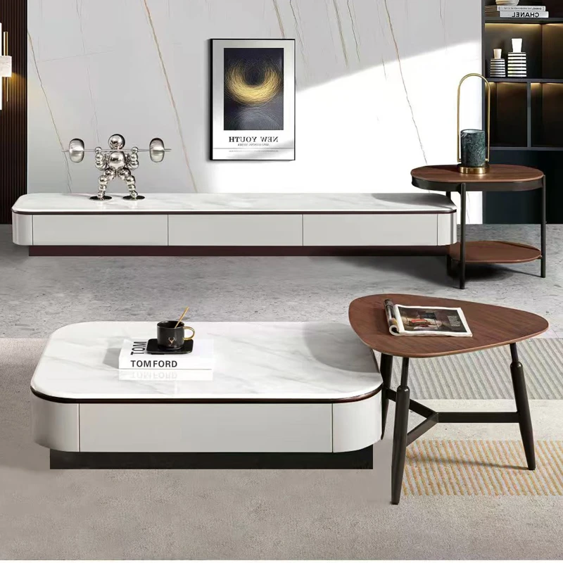 高级轻奢实木岩板落地式电视柜茶几组合套装客厅边柜整体电视机柜