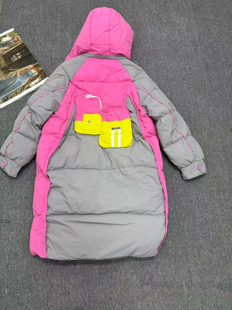 欧货女装潮牌撞色羽绒服长款过膝2024年冬季新品连帽白鸭绒保暖厚