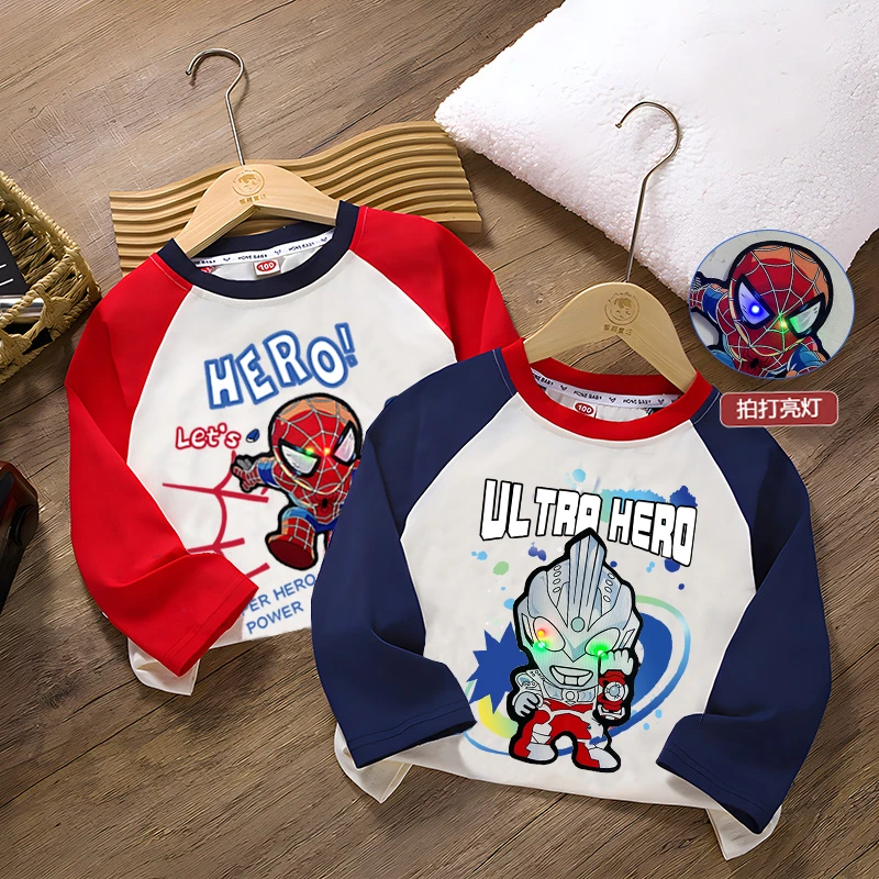2024新款春秋薄款男童纯棉长袖T恤奥特曼亮灯蜘蛛侠发光上衣服潮t