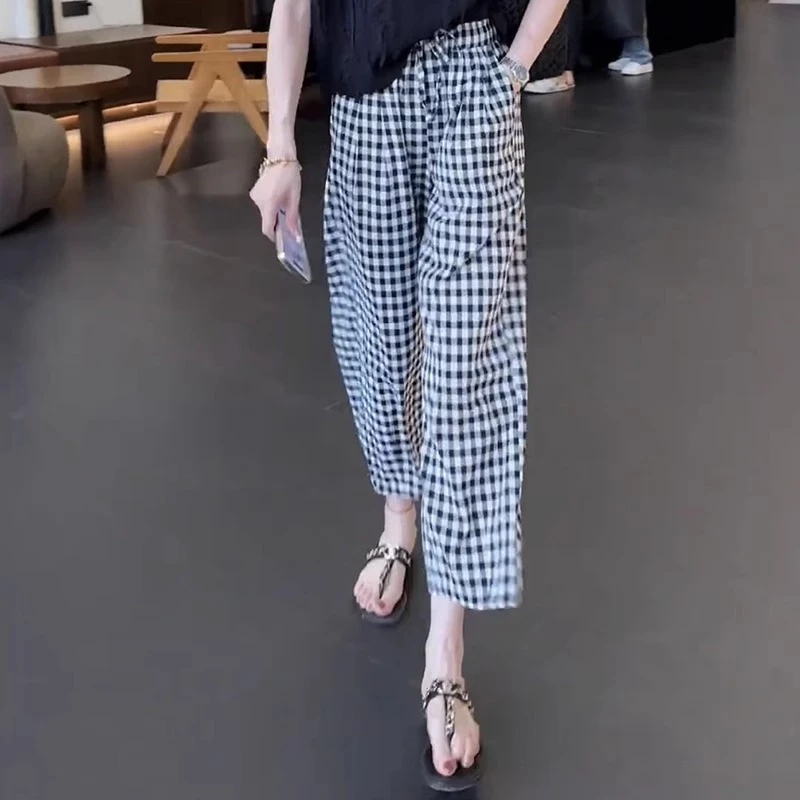 梨形显瘦大码女装直筒阔腿格子裤高腰宽松2024夏季新款薄款休闲裤