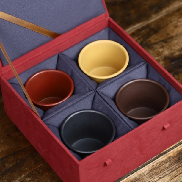 宜兴原矿紫泥朱泥石红主人品茗杯大容量全手工四色套组礼盒送人