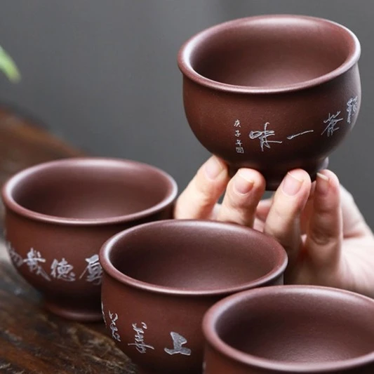 宜兴紫砂主人杯老紫泥陈富艳手工水杯品茗杯单个刻字高端精致茶杯