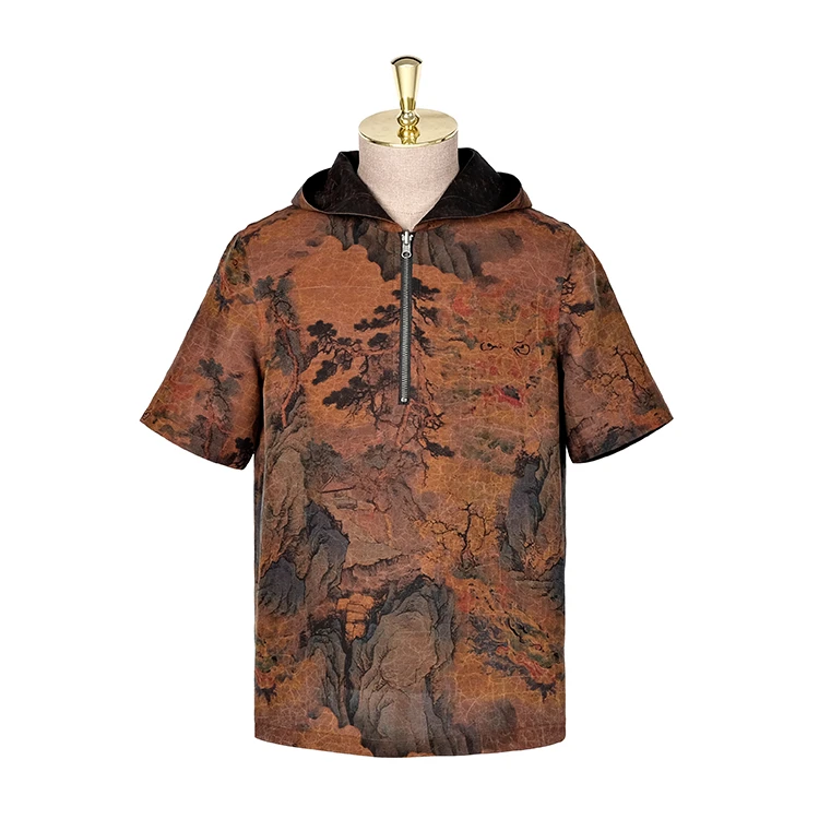 88219 双面连帽套头衫 男款蚕丝龟裂纹香云纱 男士休闲宽松上衣