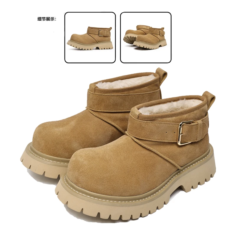 米奇大头雪地靴男休闲保暖厚底工装德比鞋翘头百搭英伦风加绒男士