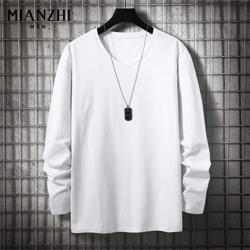 棉致春秋冬内搭V领长袖t恤男宽松纯色半袖体恤打底衫男装上衣