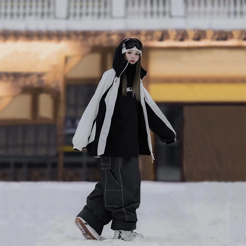 QLeo原创防水滑雪服美式男仿牛仔宽松耐磨女滑雪裤单板保暖雪裤