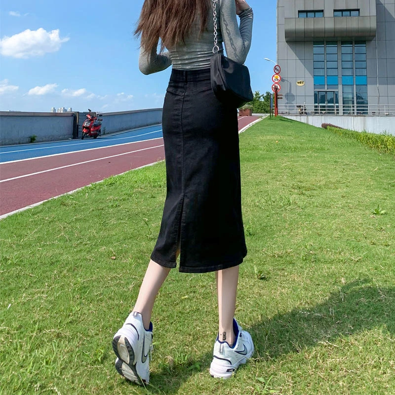 004牛仔裙半身裙女春夏高腰后开叉2023新款直筒包臀a字裙子包臀裙
