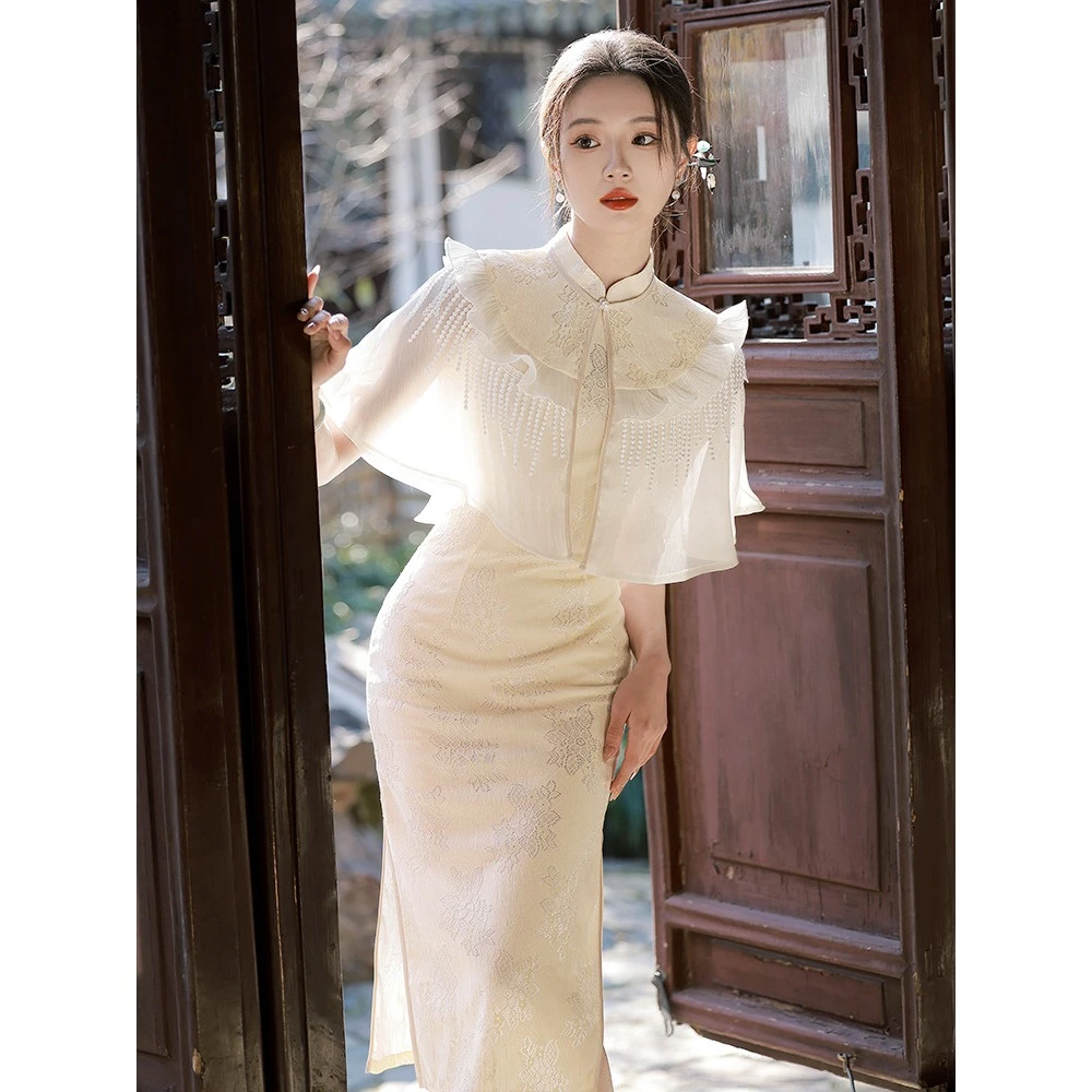 高档上档次女装夏季连衣裙2023年女士新款国风超仙连衣裙旗袍白色